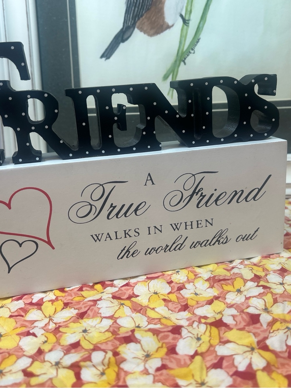 True Friend Quote Wooden Block Sign Hearts Black White Home Decor